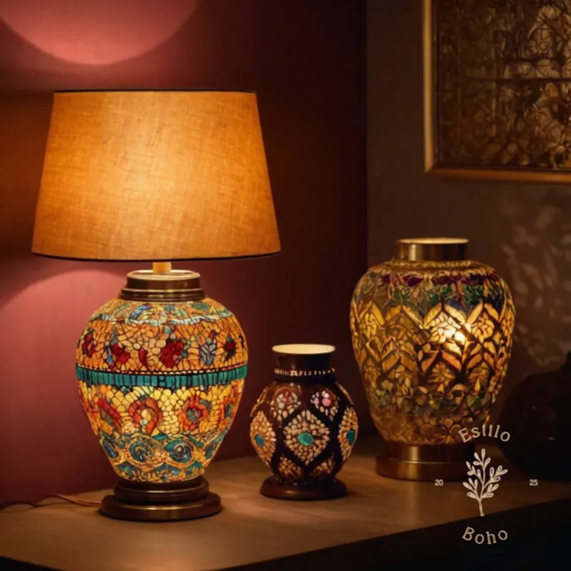 3-4 stylish bohemian table lamps in various shapes.