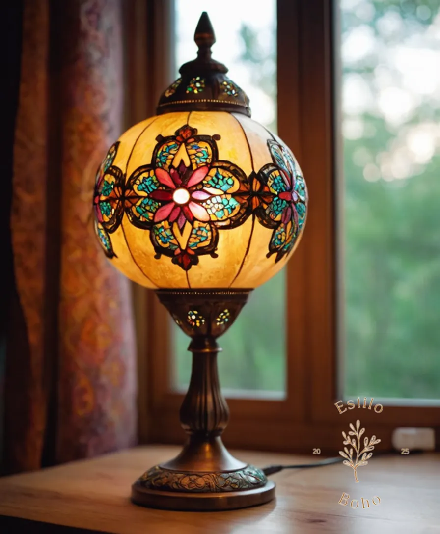 A bohemian style lamp with motion sensor features, turned on.