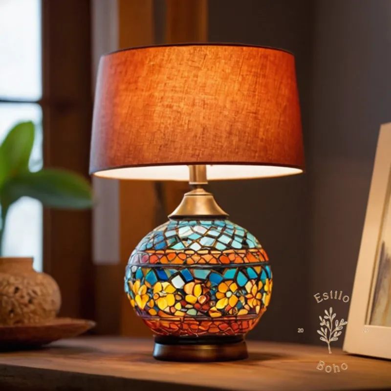 A bohemian-inspired lamp on a table with motion sensor technology.