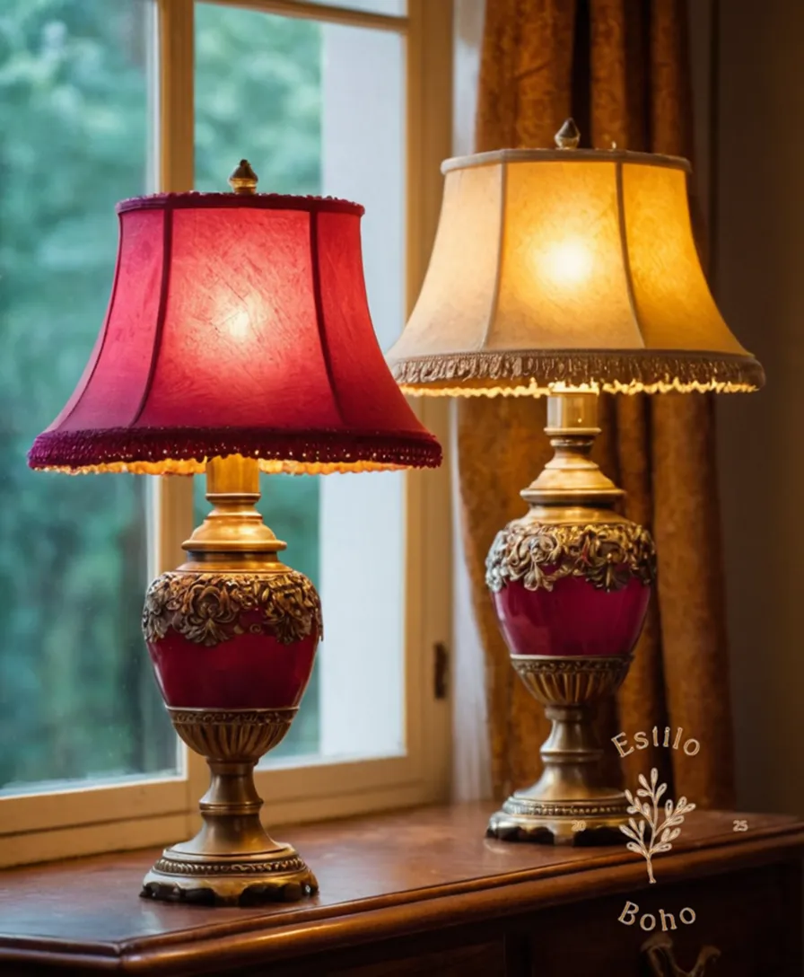 2-3 colorful handmade lamps on a vintage furniture.