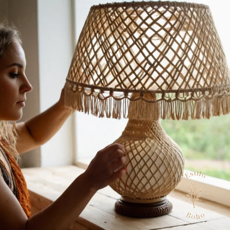 a bohemian-inspired lamp with a macrame shade being cleaned.