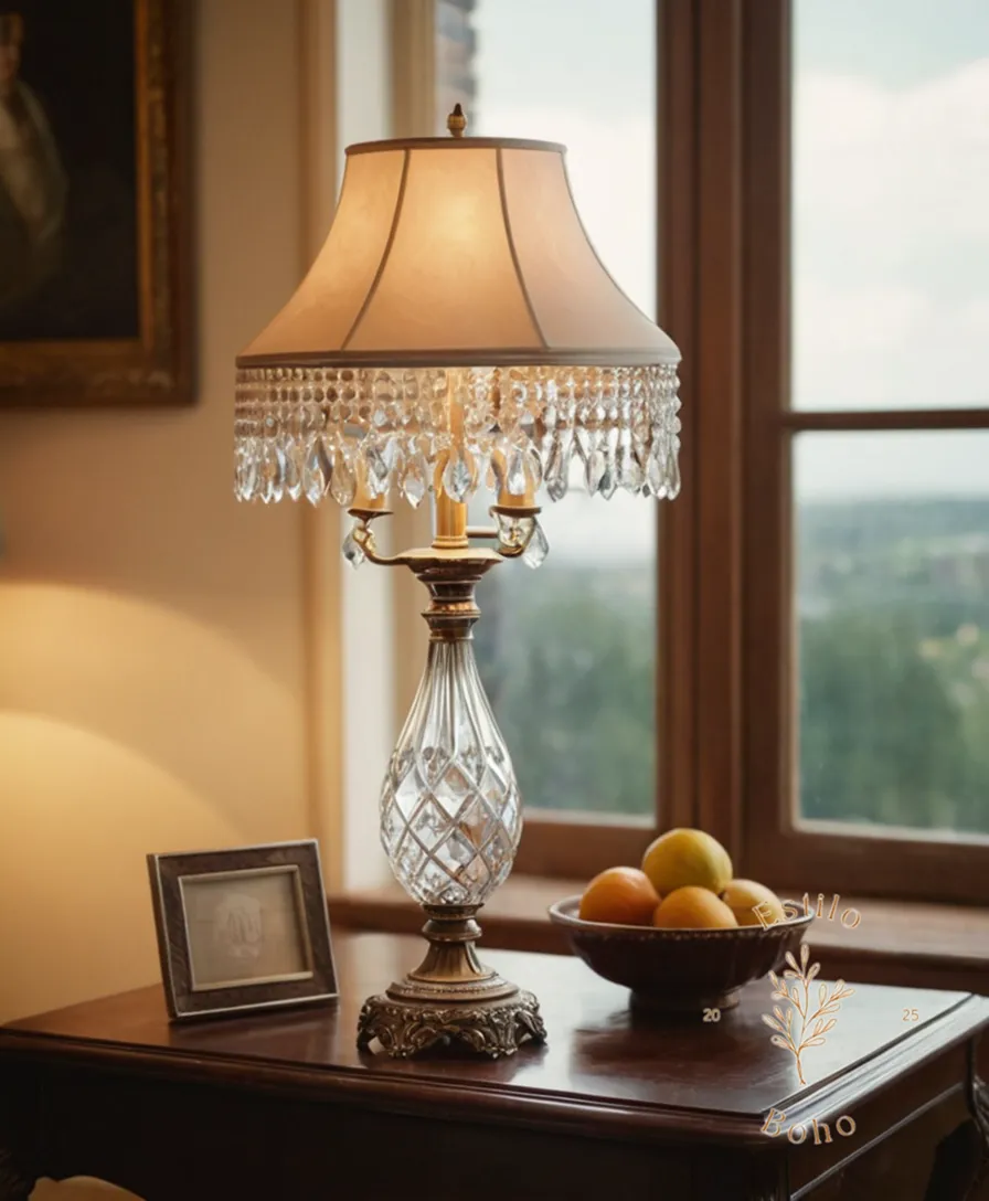 A vintage, crystal-legged table lamp in a home setting.