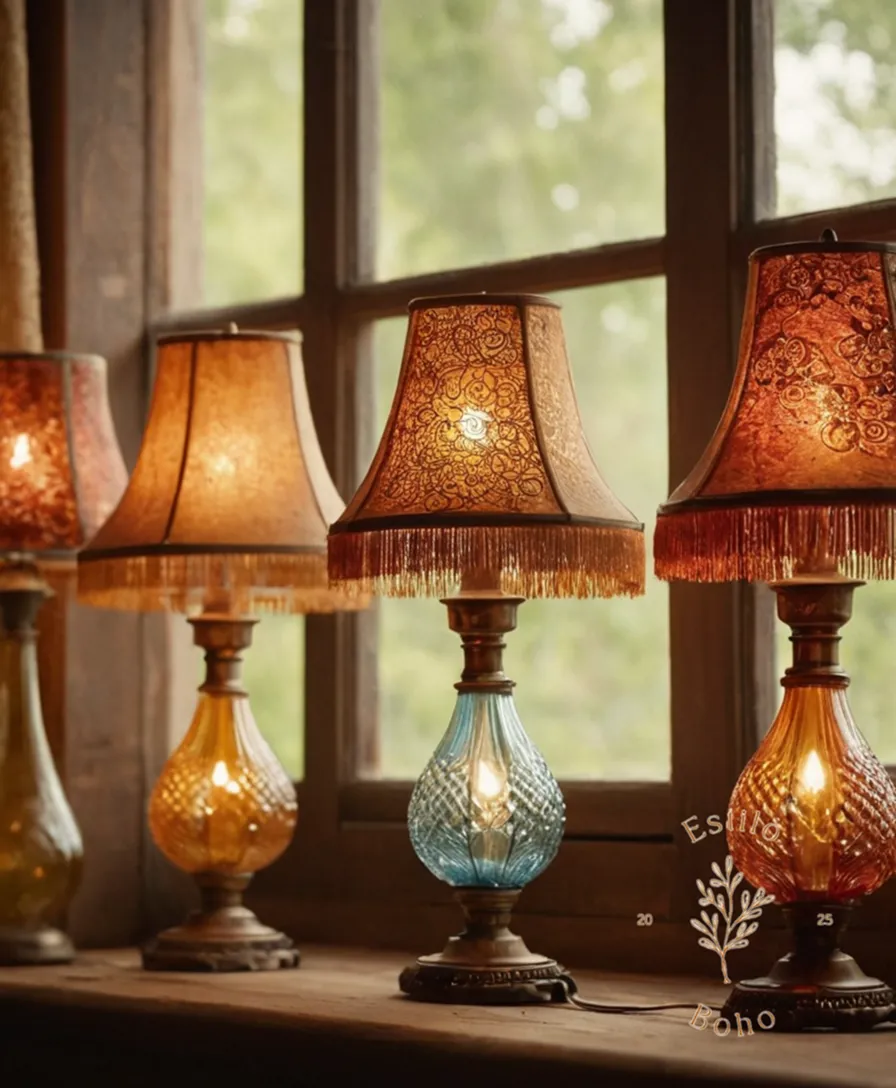 3-4 vintage glass lamps against a soft, bohemian background.
