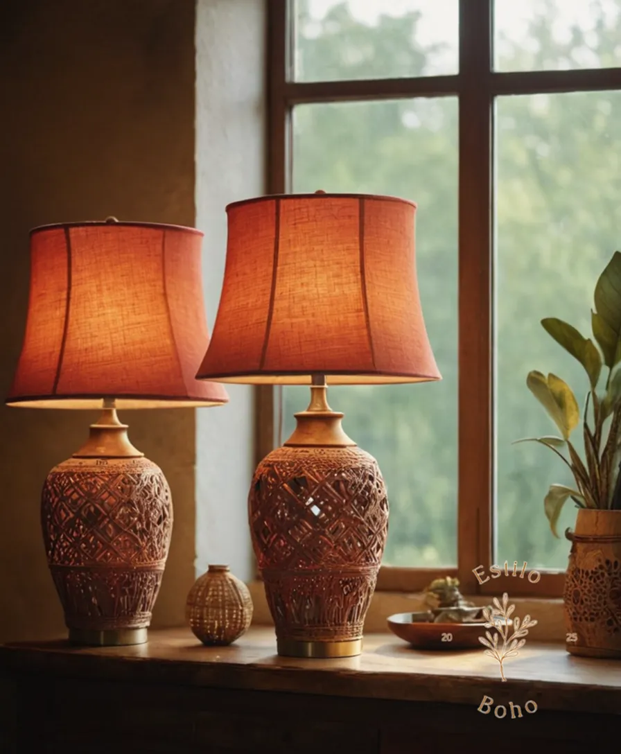 Bohemian-style lamps with organic fabric shades and natural settings.