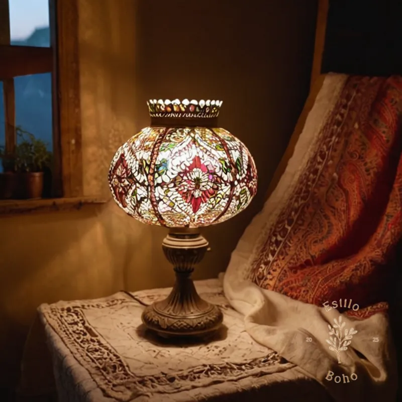A bohemian lamp cleaning an organic cotton screen.