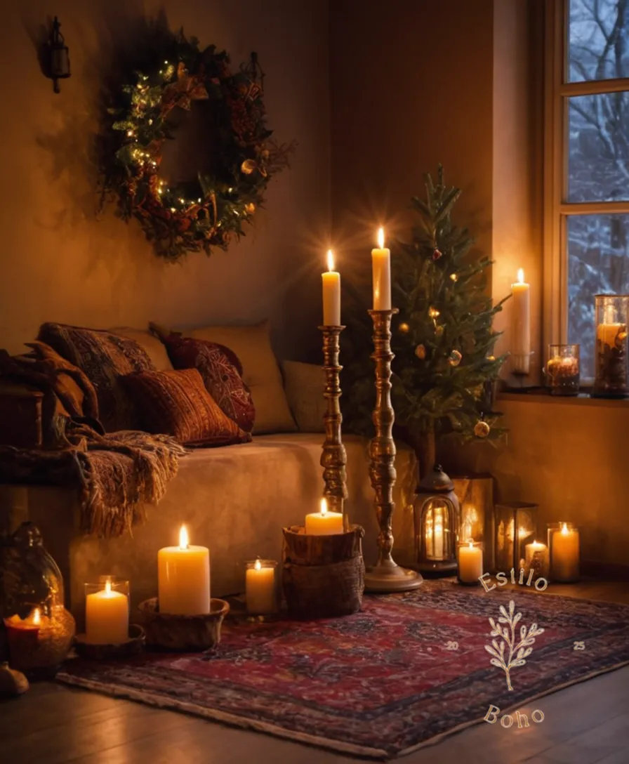 Warm bohemian-style floor lamps amidst winter decoration and candles.