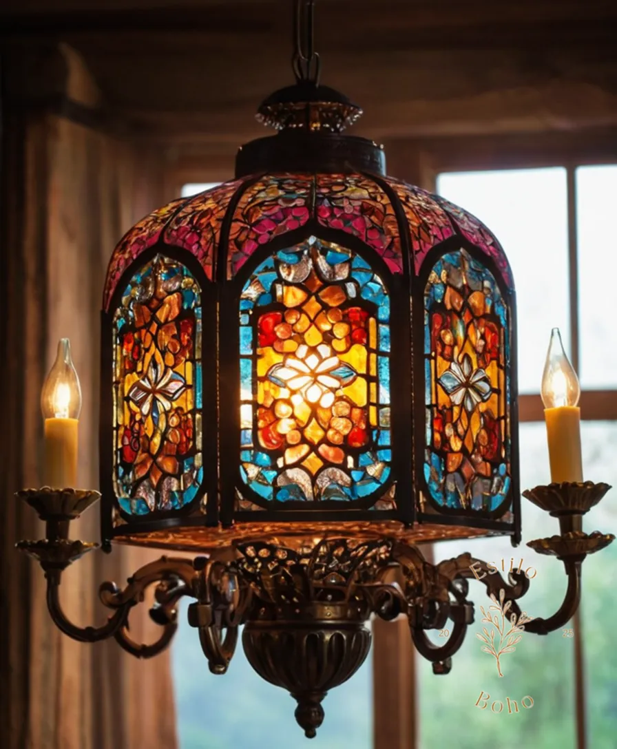 A bohemian-style chandelier or lamp with textured, colorful shades.