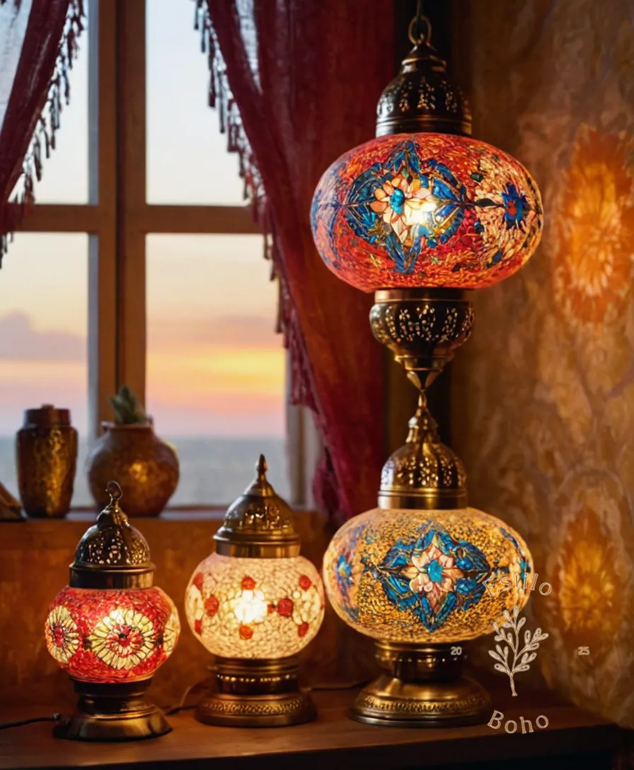A collection of bohemian lamps with varied textures and colors.
