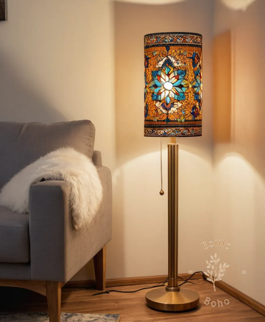 A bohemian floor lamp with built-in USB port design.