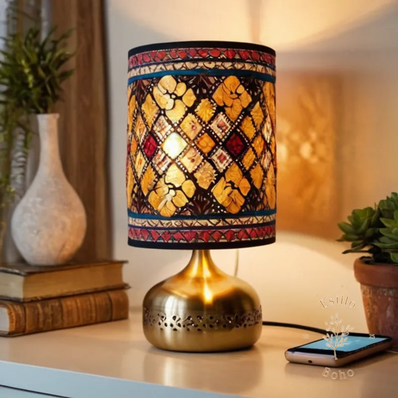 A bohemian-style table lamp with USB port and trendy design.