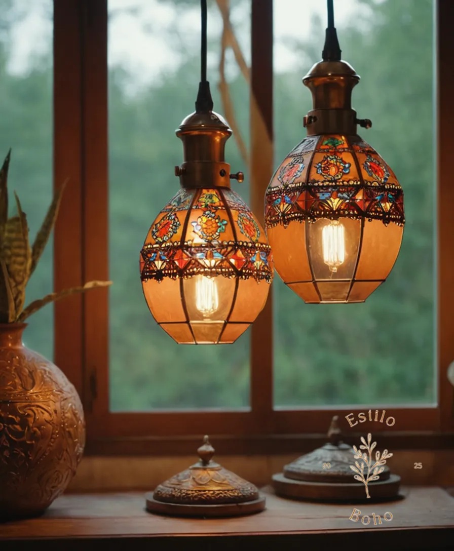 5-6 unique vintage lamps in a trendy, bohemian setting.