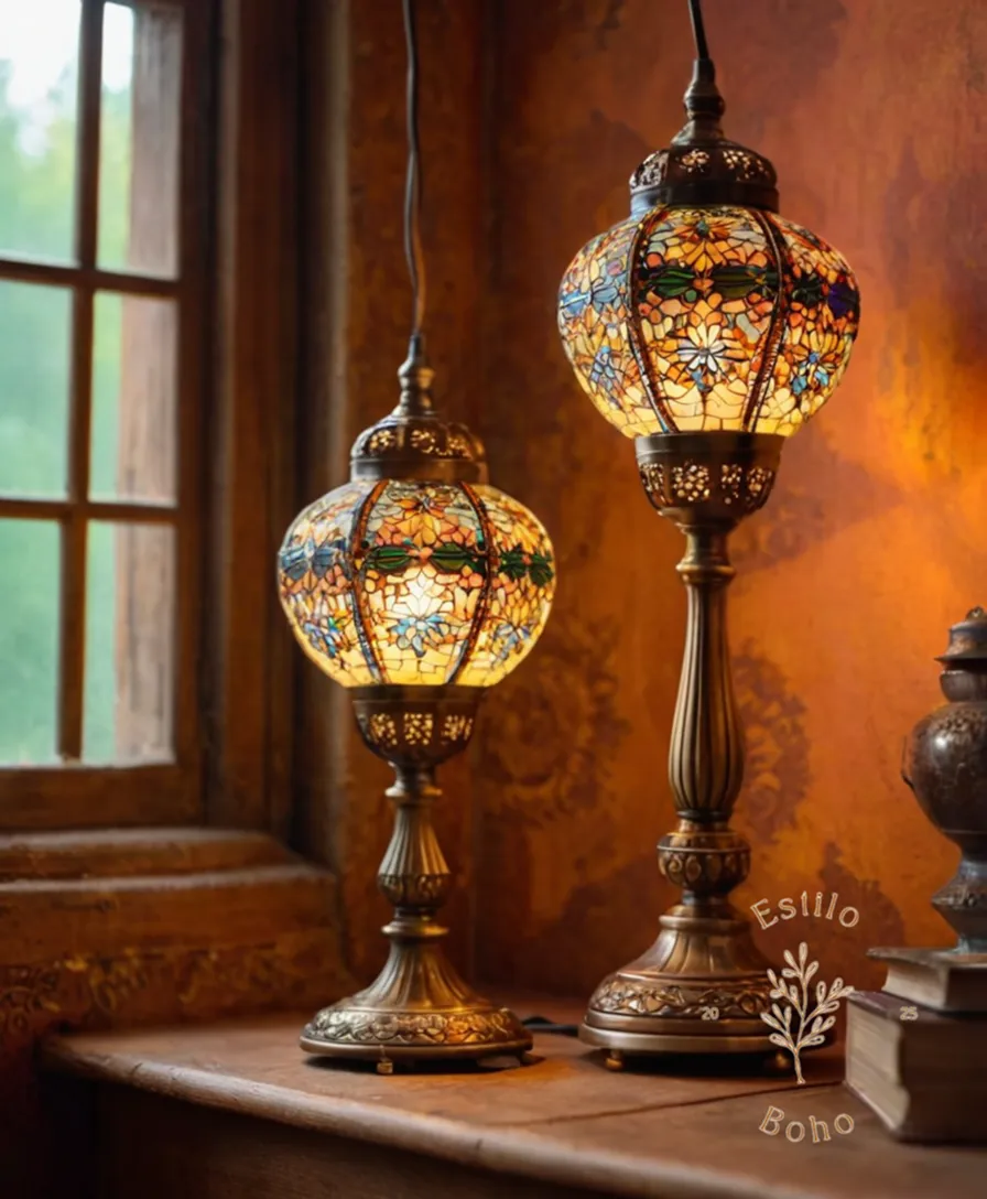 3-4 bohemian vintage lamps on a colorful artisanal background.
