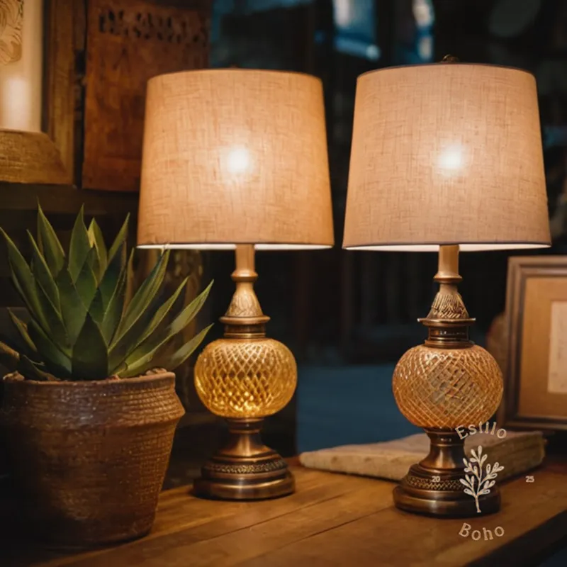 3-5 aesthetically-styled vintage boho-inspired lamps at a wholesale market setting.