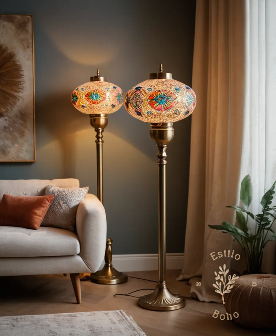 3 stylish bohemian floor lamps in a spacious living room setting.