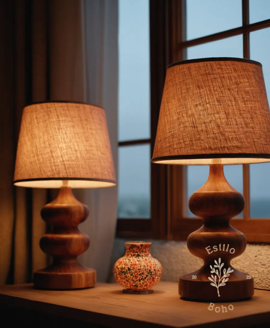 2-3 stylish wooden and textile foot lamps.