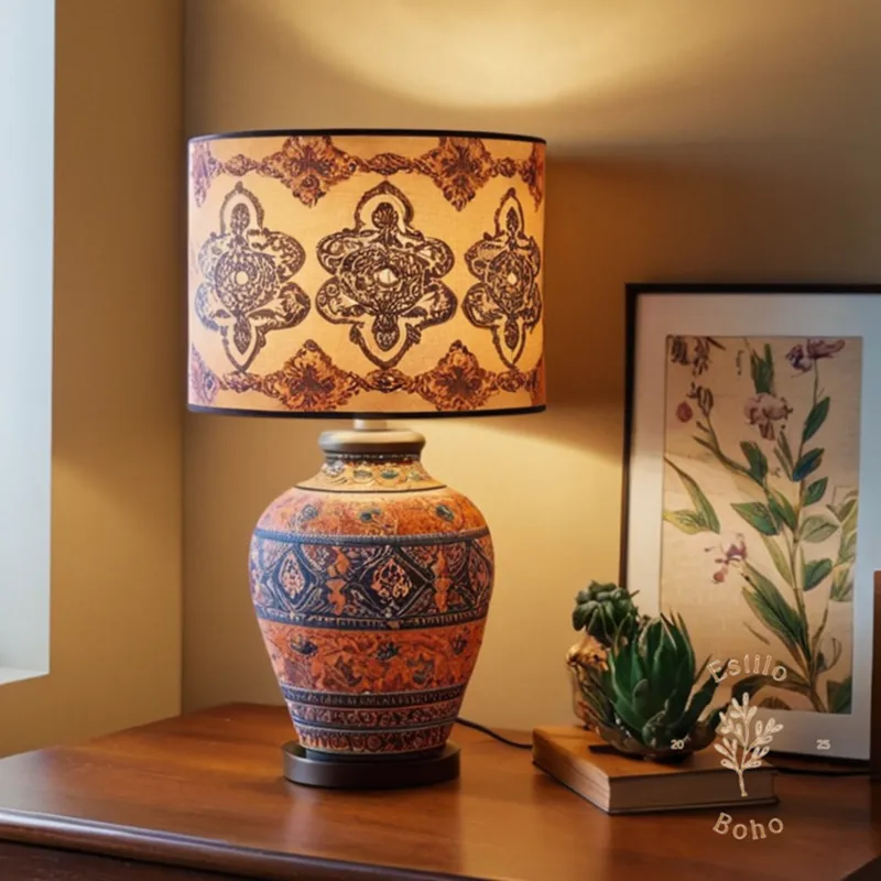 A bohemian-style table lamp with a screen-printed fabric shade.