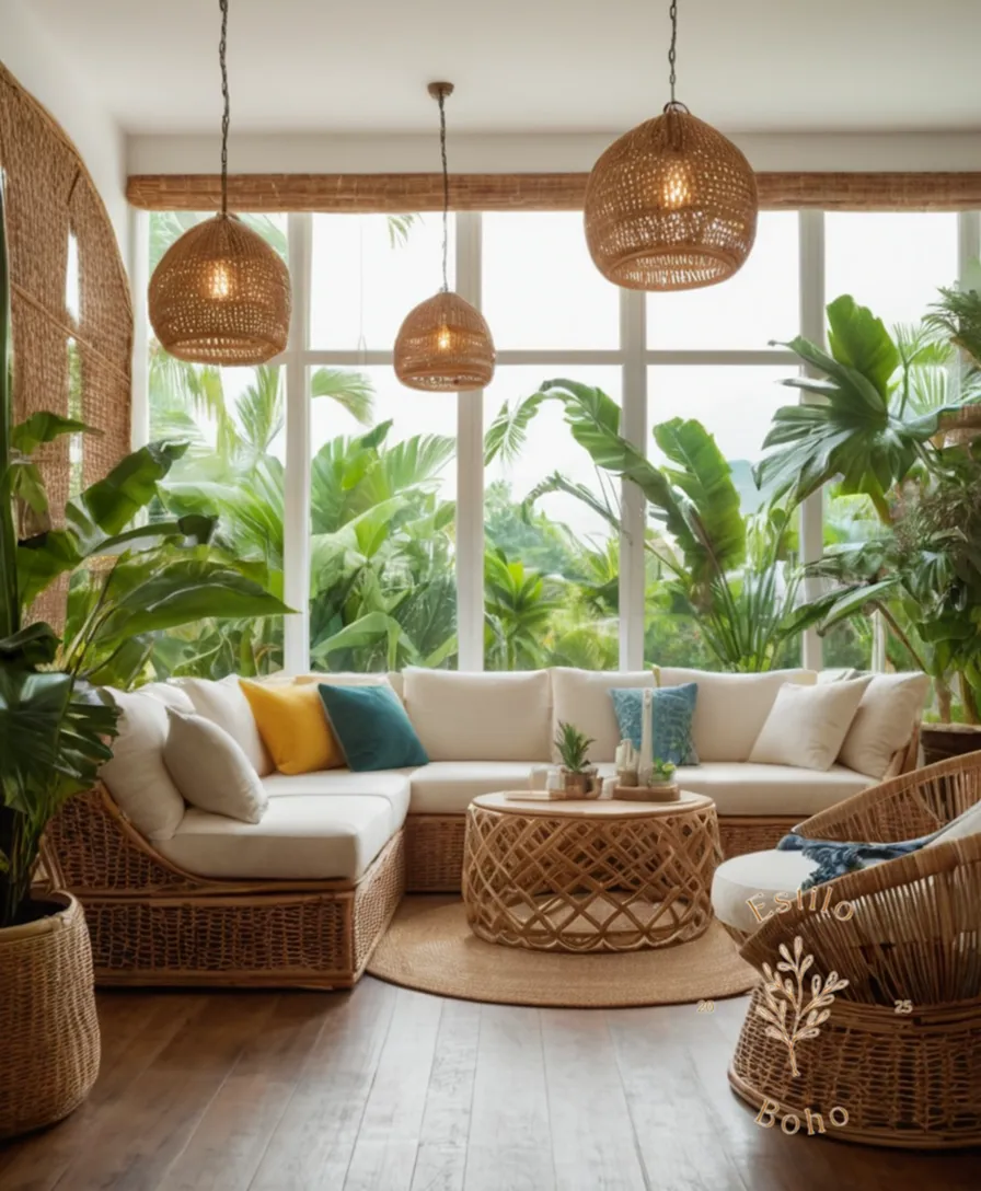 A tropical-themed living space with rattan lights and lush plants.