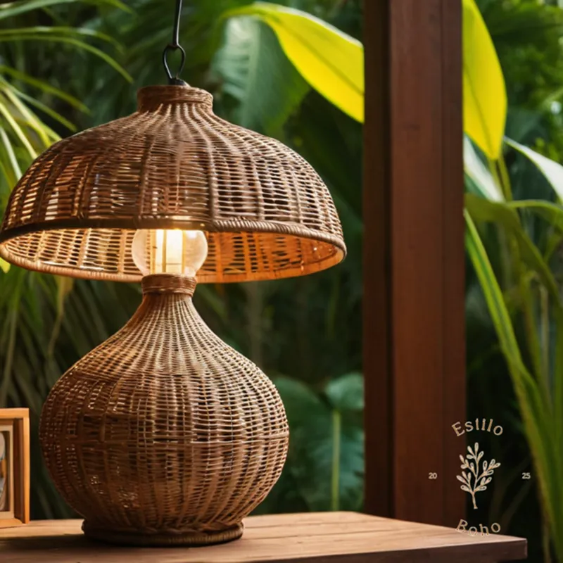A stylish wicker lamp in an idyllic tropical outdoor setting.