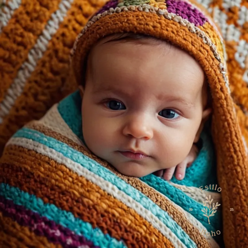 A happy newborn snuggled under a colorful Bohemia bebe blanket.