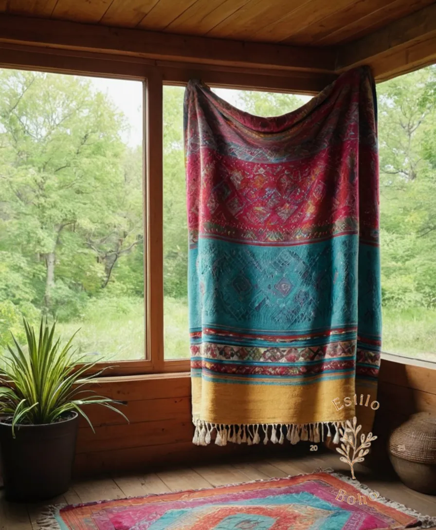 A peaceful outdoors scene with a colorful bohemian throw blanket.