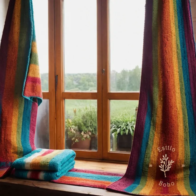 A person washing and drying a colorful striped bohemian throw blanket.