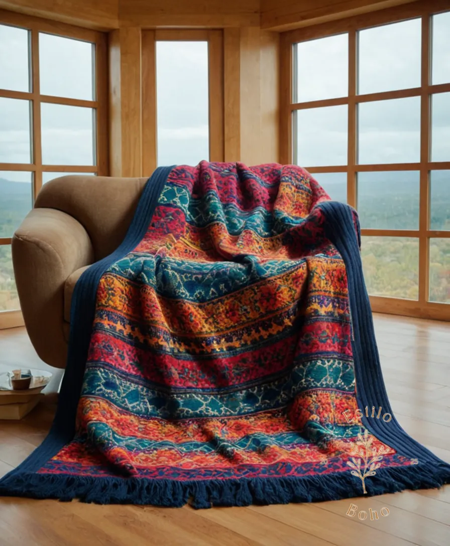 A colorful, geometric-patterned blanket draped indoors.