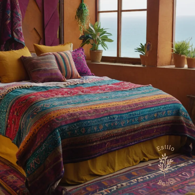 A bohemian-style bed adorned with a colorful geométric throw.