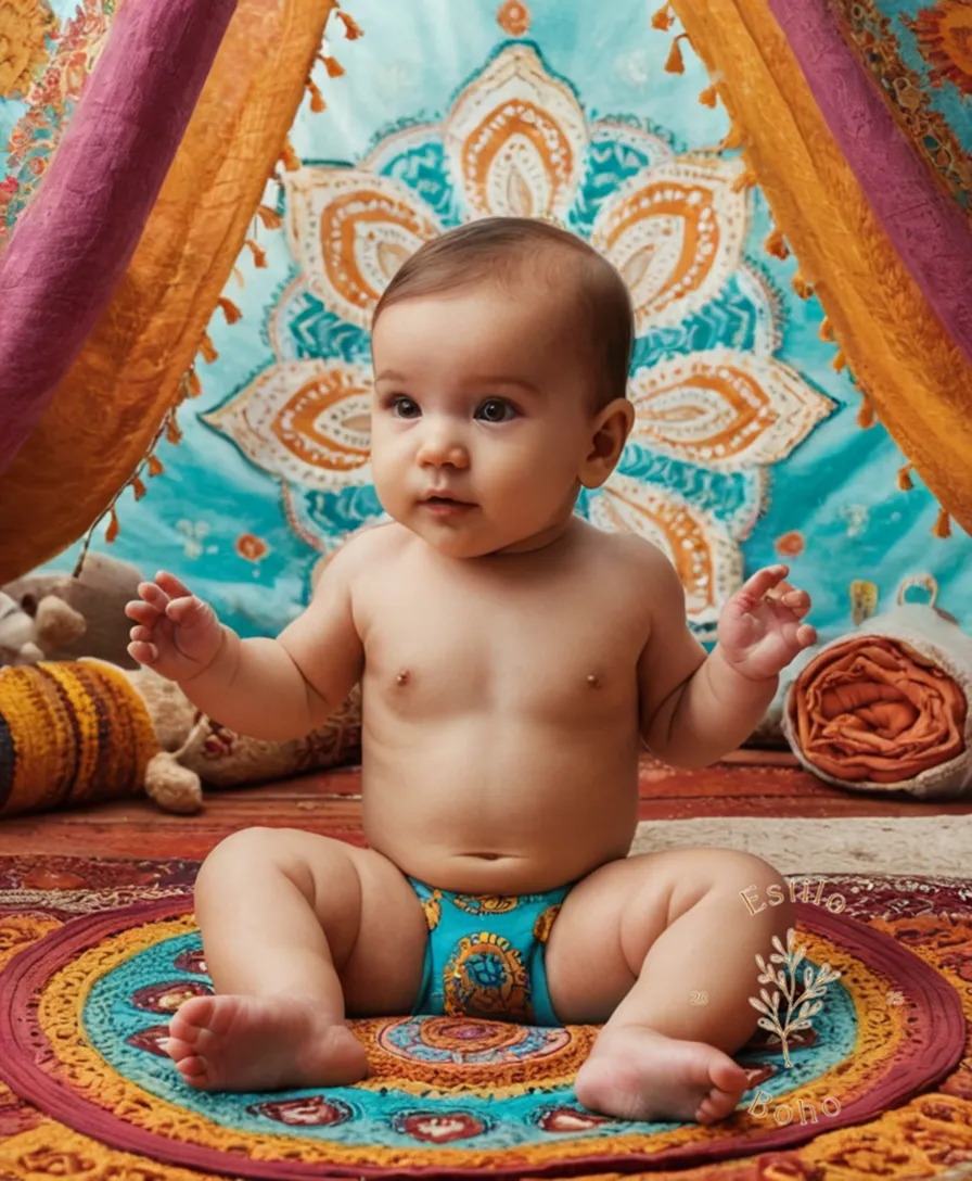 A colorful illustration of Mandala Mágico's bohemian-themed baby products.