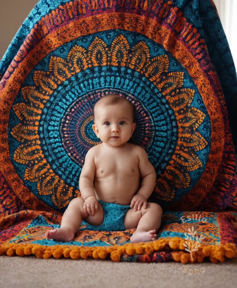 A colorful mandala-print blanket draped over an adorable baby.
