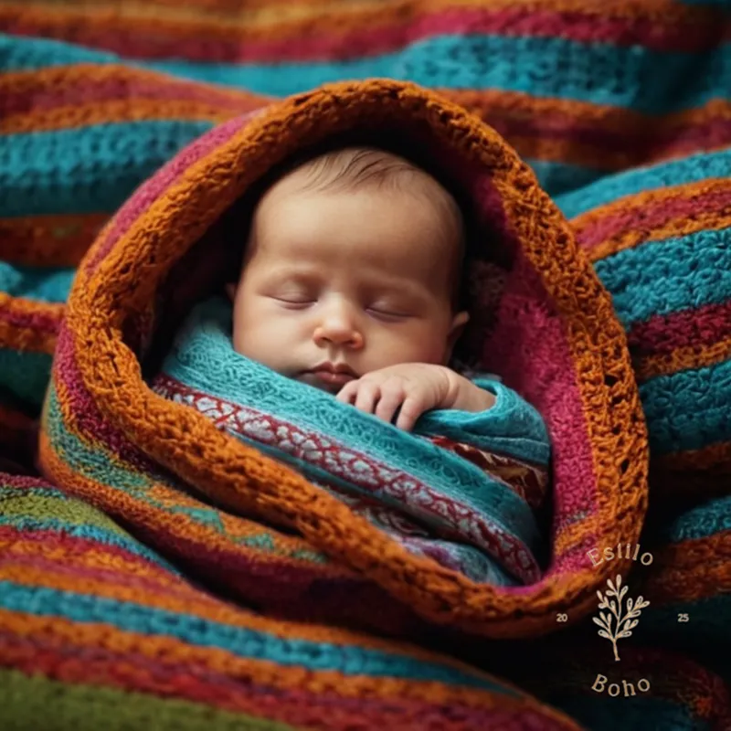 A sleeping baby wrapped snugly in a colorful bohemian blanket.