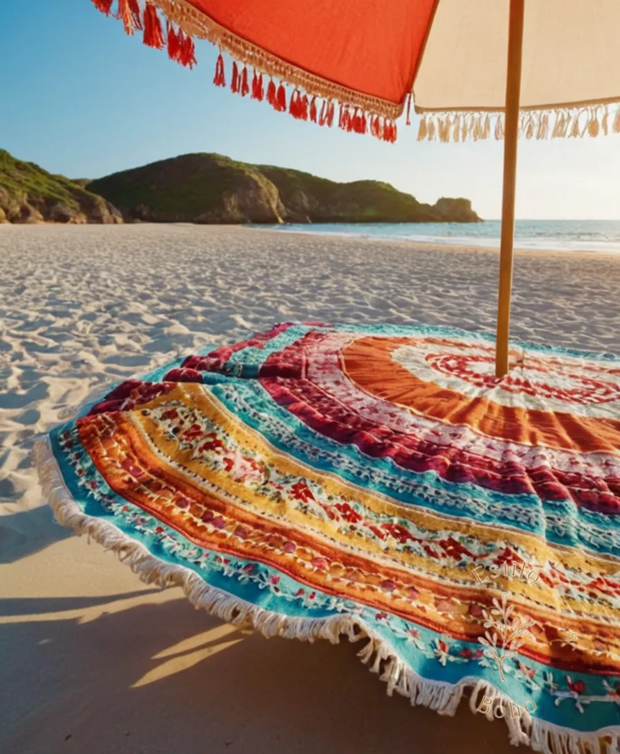 A colorful bohemian blanket spread out under a sunny beach umbrella.