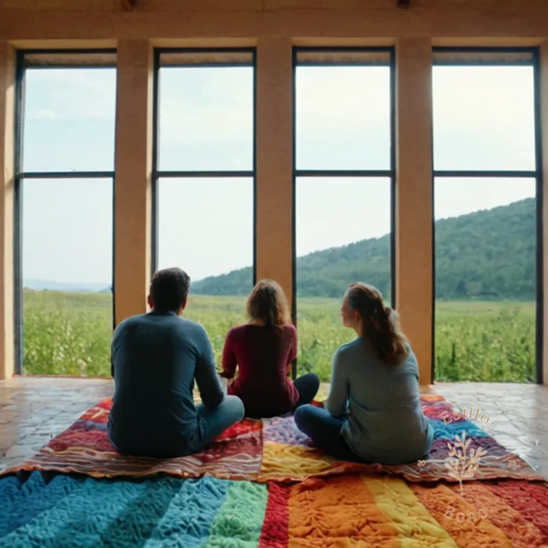 4 people sitting on a colorful blanket outdoors.