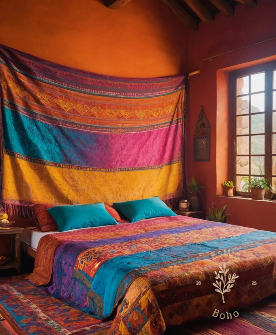 A colorful manta bohemian spread out on a vibrant background.