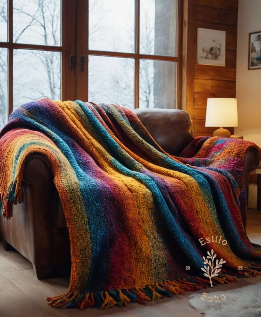 A colorful, thick blanket draped over a cozy interior space.