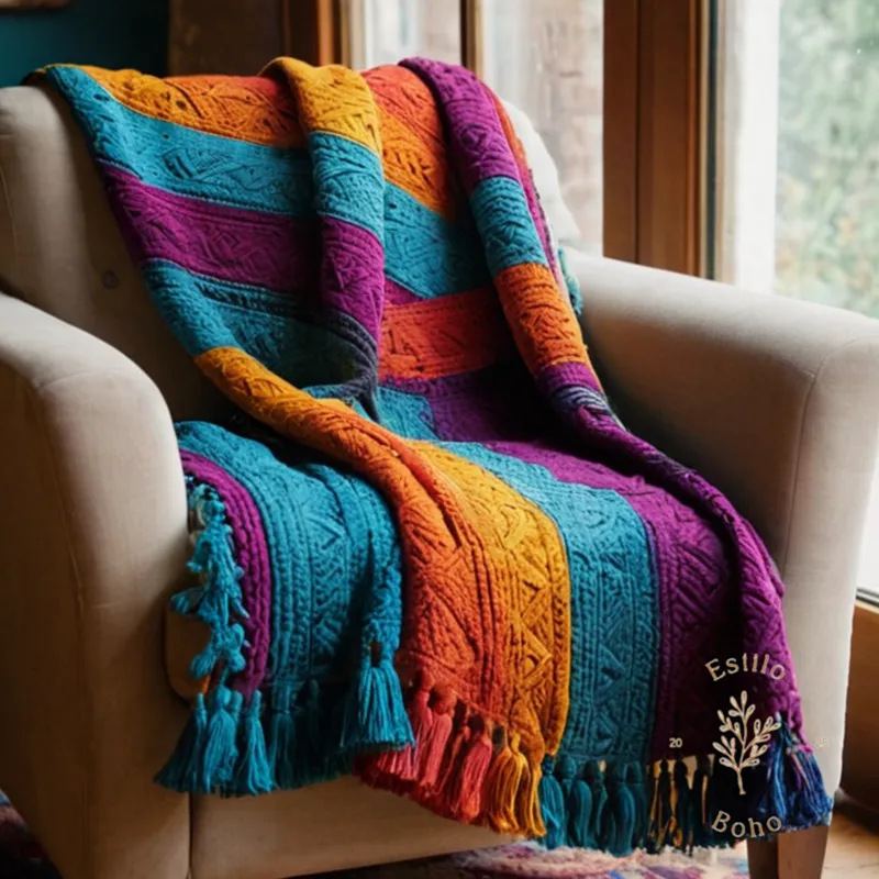 A beautiful, handmade bohemian throw blanket in vibrant colors.