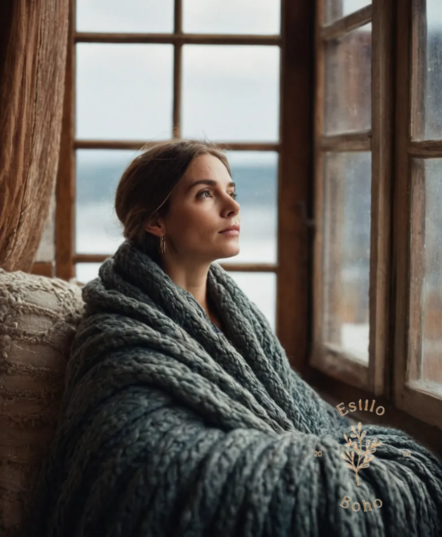A bohemian-styled woman snuggled up with a Merino throw blanket.