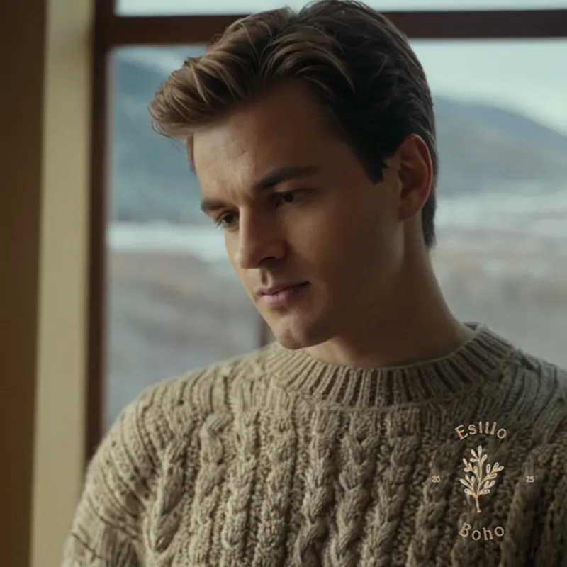 A person modeling a Merino wool sweater.