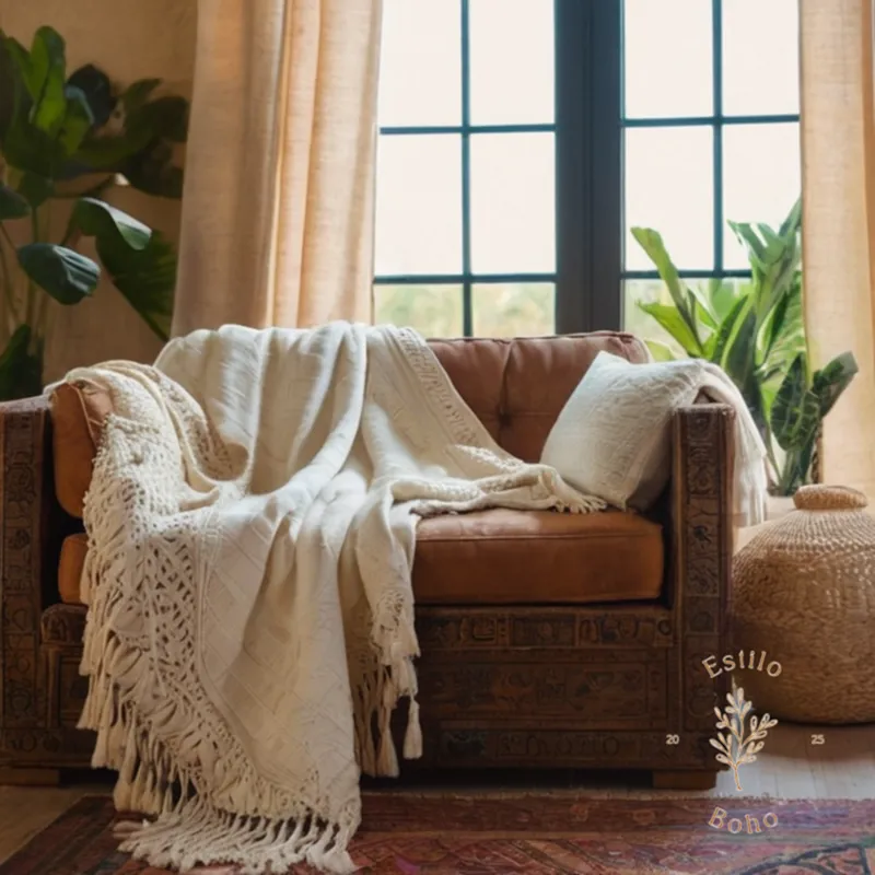 A beautifully styled Egyptian cotton throw on a bohemian couch.