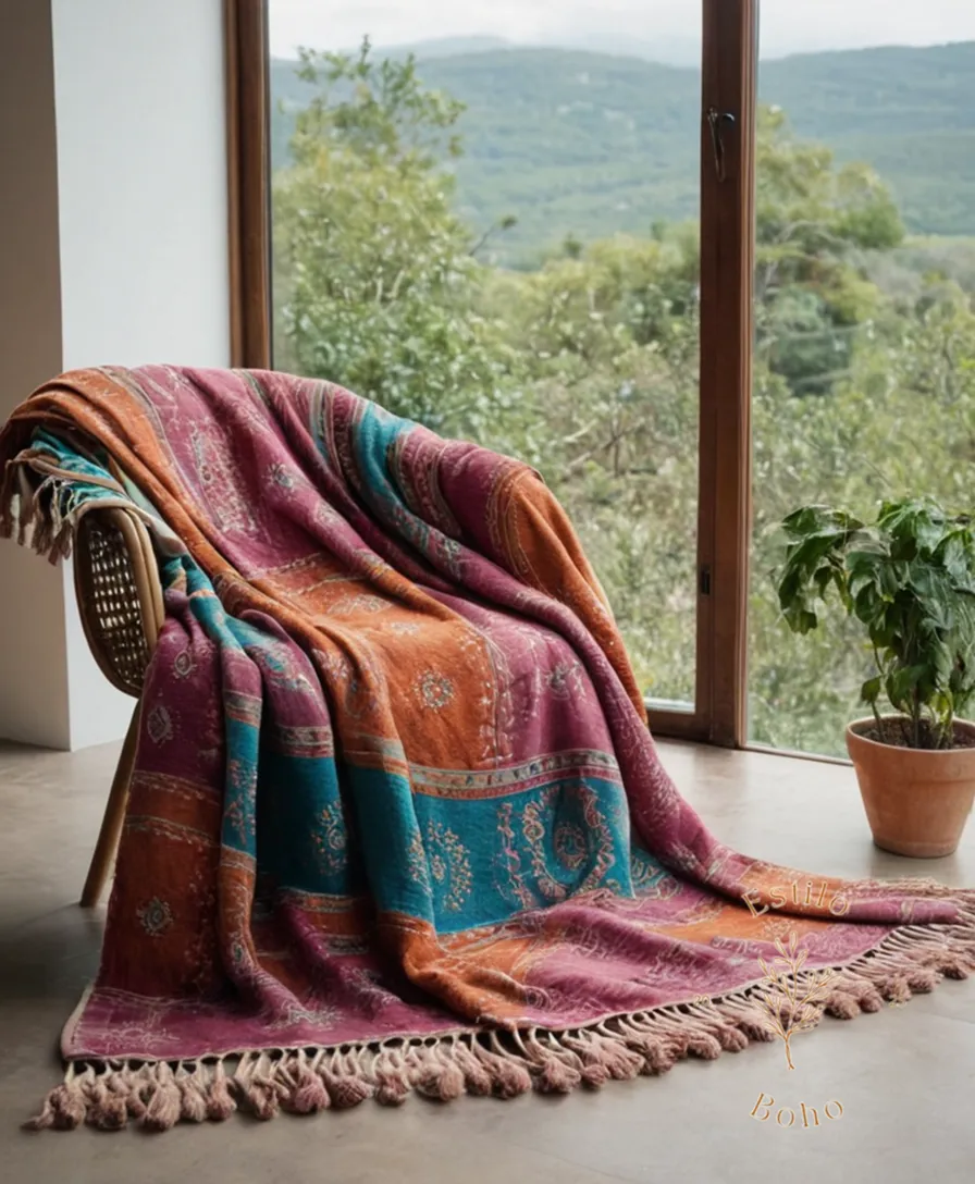 A colorful bohemian cotton throw blanket with natural dye patterns.