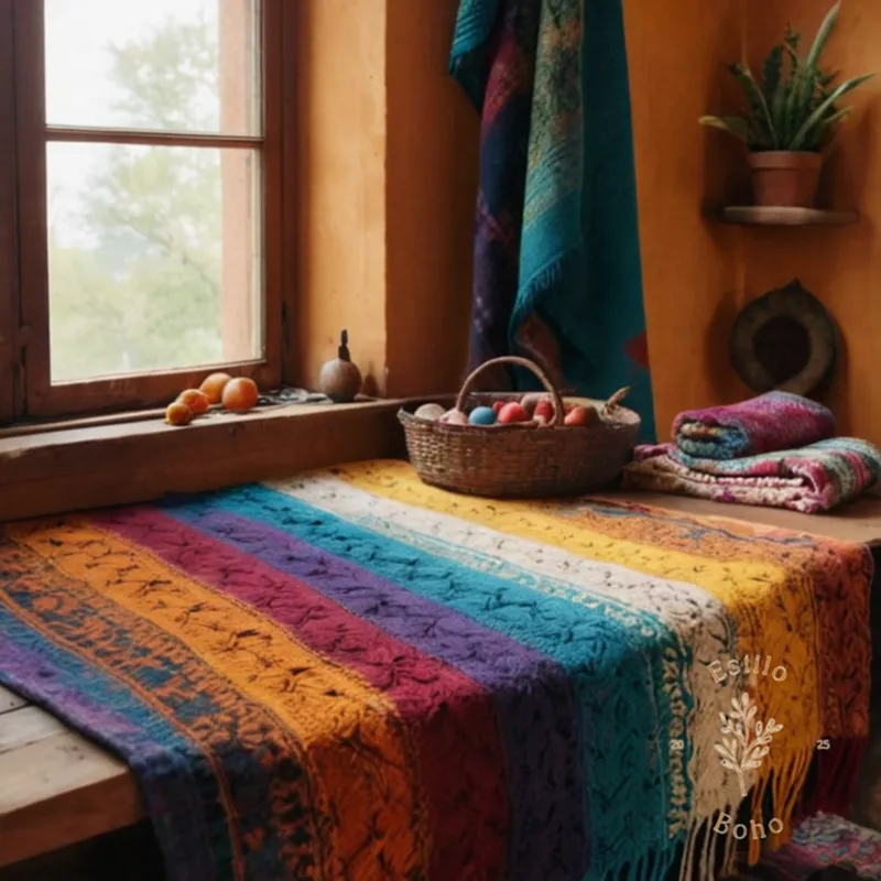 3 vibrant, natural dyes next to a colorful bohemian blanket.
