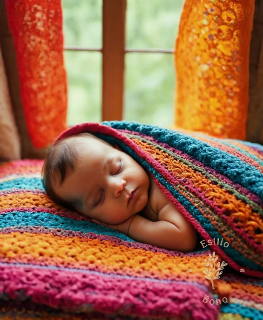 A peaceful baby sleeping under a colorful bohemian-style blanket.