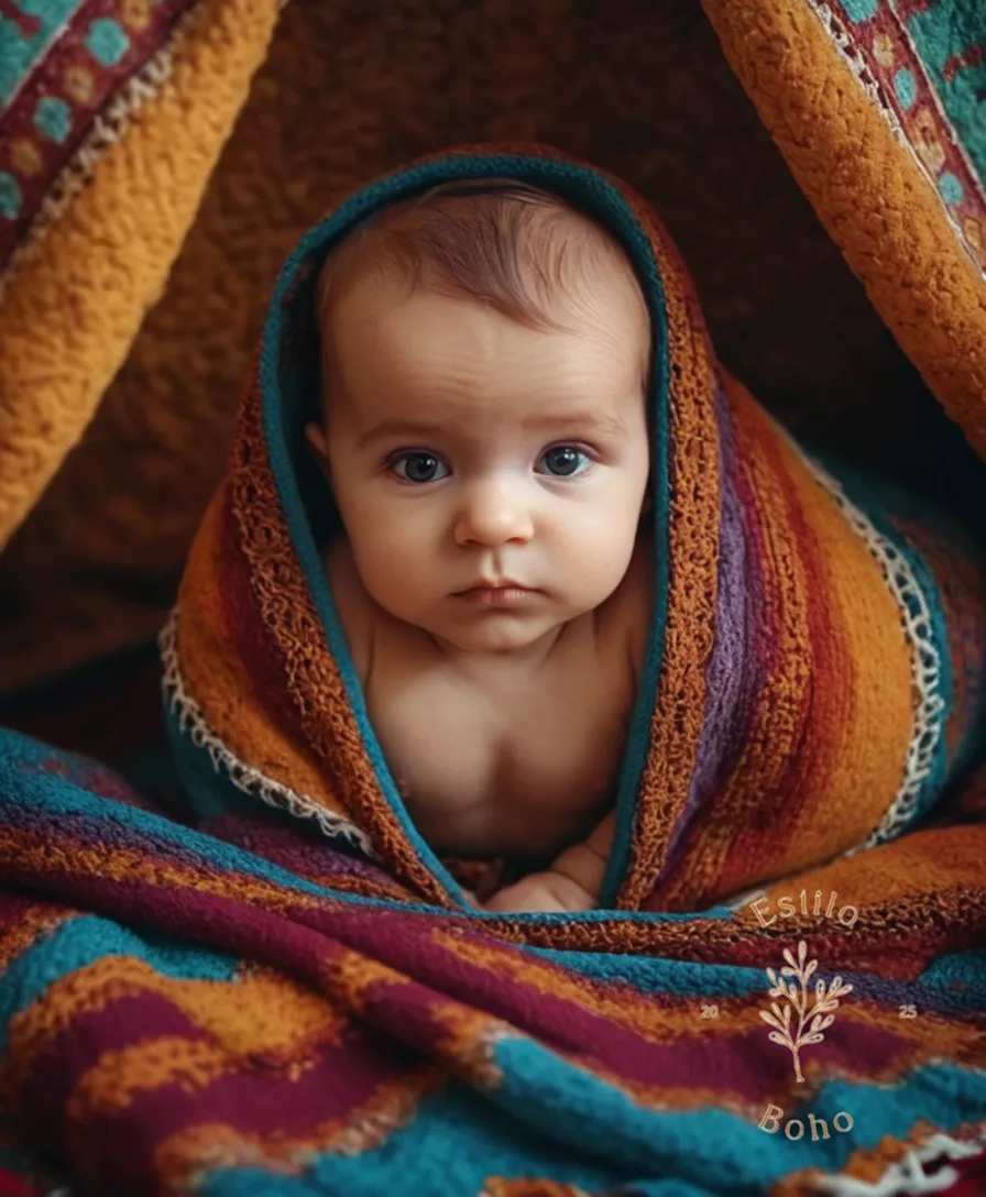 A serene baby snuggled up under a colorful bohemian blanket.