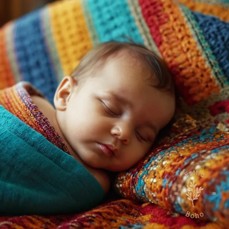 A baby happily sleeping on a colorful bohemian blanket.