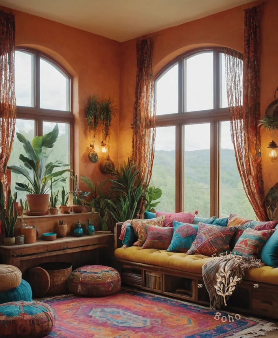 A bohemian-inspired home with layered, colorful textiles and eclectic decor.