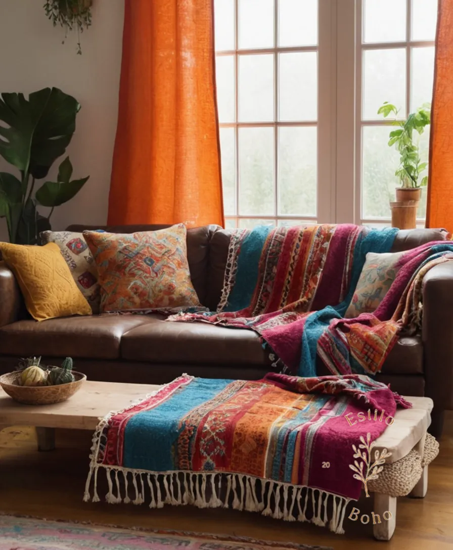 A cozy living room with colorful bohemian blankets as decor.