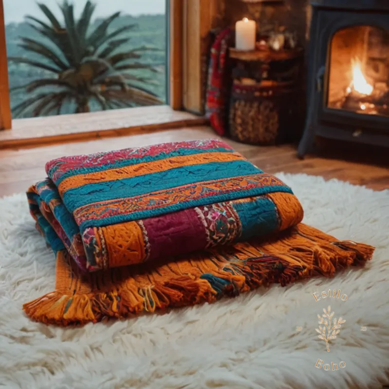 A colorful, cozy bohemian-inspired throw blanket on the floor.