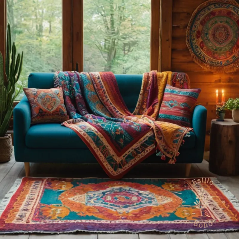 A colorful bohemian throw blanket and decorative elements.