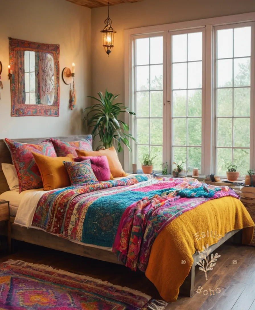 A stylish, colorful, bohemian-inspired bed setting with a vibrant throw blanket.