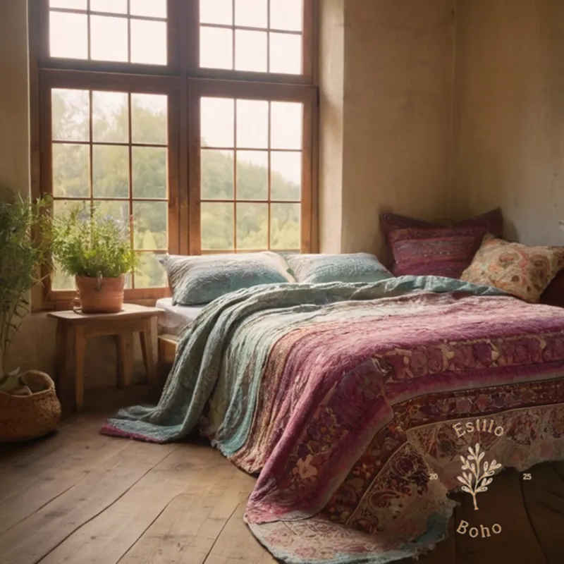 4 bohemian-style bedspreads in soft, dreamy morning light.