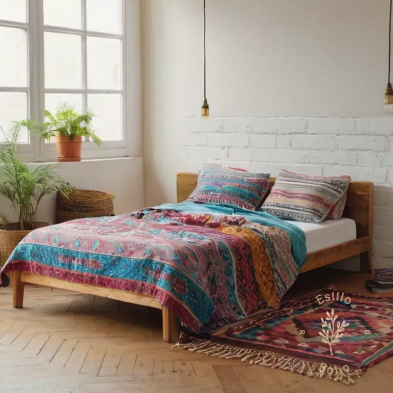 A colorful bohemian bedspread draped over a minimalist youth bed.